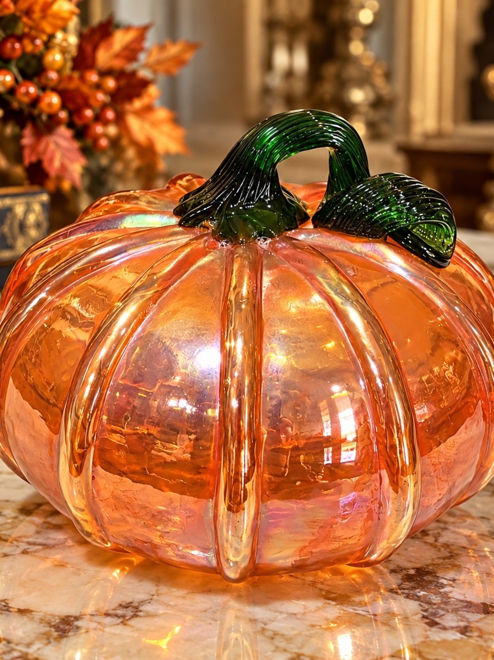 Hand Blown Art Glass Pumpkin Orange Iridescent Green Stem 5”